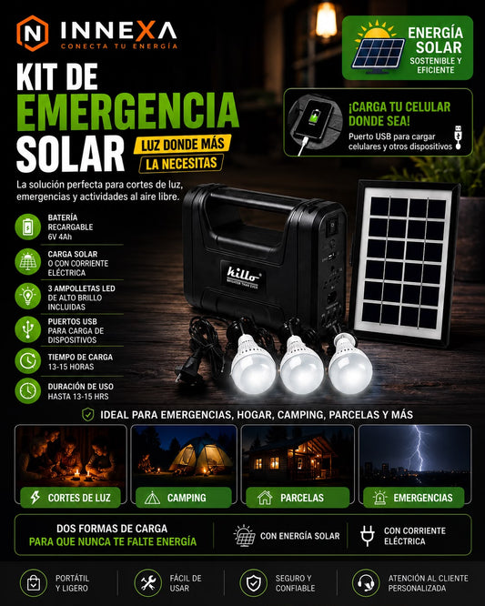 Kit de Emergencia Solar con Panel Solar, 3 Ampolletas LED y Puertos USB.